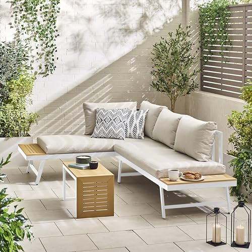 Furniturebox UK Outdoor Garden Furniture - Riviera White 2 Person Modular Chaise Sofa Sun Lounger + Tables - Double Sun Lounger Or 2 Sofas - White Metal + Polywood End and Coffee Tables