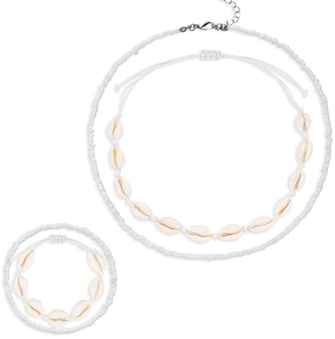 Carreneu 4 Stück Muschelkette Damen Muschel Armband Muschel Kette Musch-el Schmuck Muschelkette Muchelarmband Natürliche Muschelketten Verstellbare Armbänder für Damen Mädchen Sommer Strandschmuck