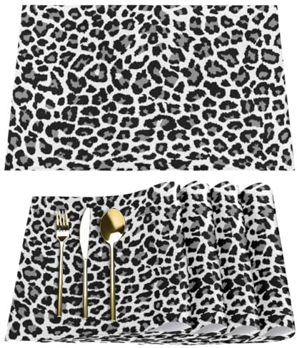 Leopard Placemats Fabric Table Mats Set of 6 Black Leopard Print Placemat for Kitchen Dining Table Home Washable Non-Slip Heat Place Mat