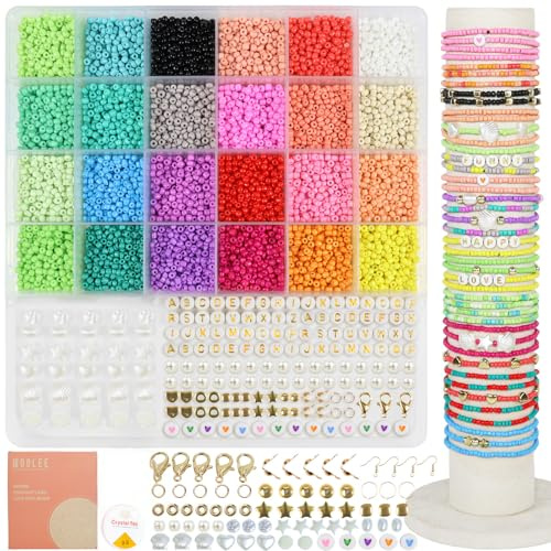 WOOLEE 3MM Glass Seed Beads Bracelet Making Kit, 24 Colors Seed Beads Jewellery Making Kit, Friendship Bracelet Making Kit, DIY Craft Kit, Girl's Gift Set