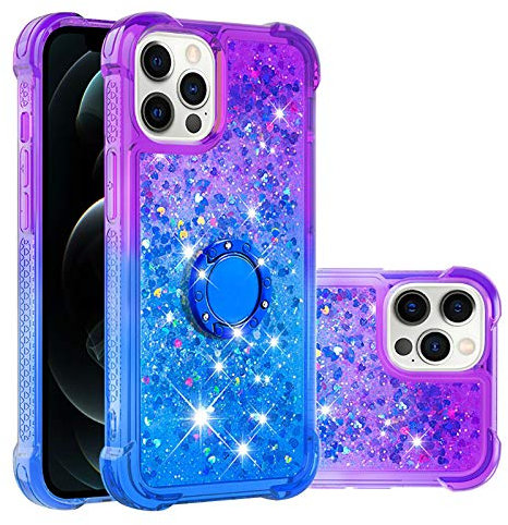 IMEIKONST Compatible with iPhone 12 Pro Max Glitter Gradient Case, Sparkle Quicksand Clear TPU Bumper Silicone Shell Metal Ring Stand Fuction Shockproof Cover for iPhone 12 Pro Max. Purple Blue JBZ