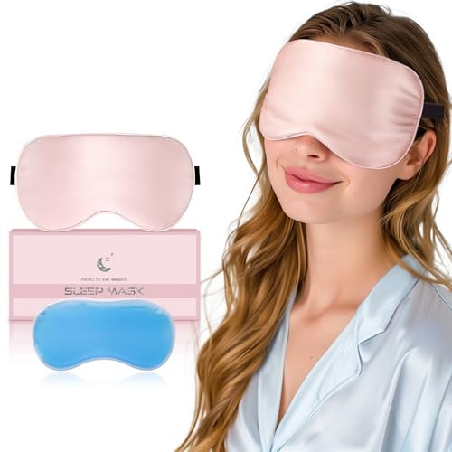 Aosun Schlafmaske Seide für Seitenschläfer, 100% Bio Maulbeerseide,100% Lichtblockierende Schlafbrille mit Verstellbarem Band & Beutel für Frauen & Herren, Upgrade Augenmaske für Reise, Himmelblau
