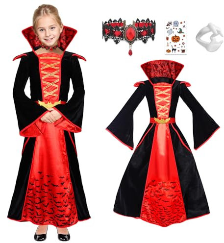 Angenster Vampir Kostüm Mädchen, Halloween Kostüm Mädchen Vampir Kostüm Kinder Gothic Kleid mit Vampir Zähne Halskette Aufkleber, Royal Vampir Outfit Hexenkostüm für Halloween Karneval (Rot, 10-12Y)