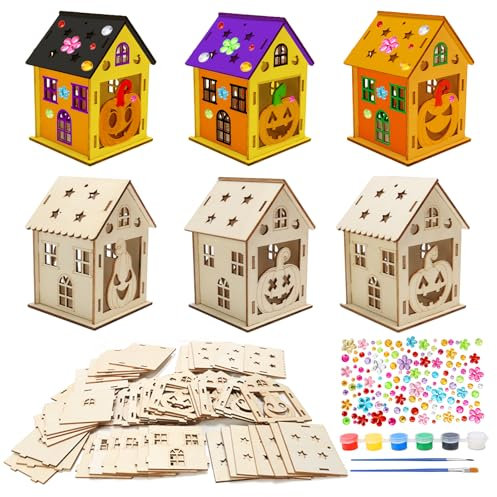 WEDNOK 7 Sets Kürbis Haus Bastelset Kinder Halloween Holz Bausatz 3D Kürbishaus Kreativsets Kürbis Holzbausatz Basteln DIY Holzbastelset zum Bemalen für Jungen Mädchen St Martin's Halloween