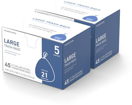 Ninestars Lot de 90 sacs poubelle blancs extra résistants avec cordon de serrage, 80 litres, 90 sacs poubelle de cuisine
