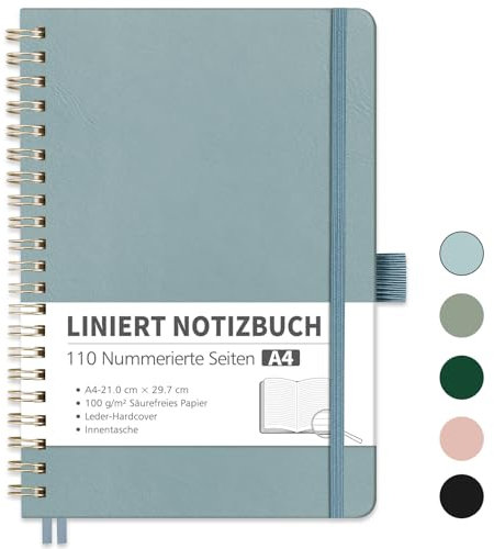 RETTACY Notizbuch A4 Liniert, Bullet Journal mit 100 g/m² Dickem Papier, 55 Blatt/110 Nummerierten Seiten, Collegeblock für Büro und Schule, Lederhülle, Grau-Blau, 21 cm x 29.7 cm