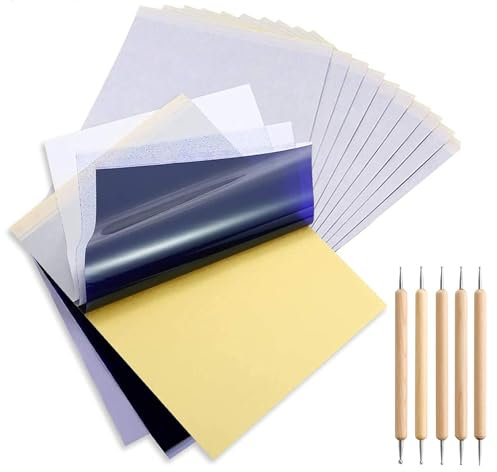40 Blatt Transferpapier Tattoo Zubehör, A4 Stencil Papier mit 5 Stück Prägestift, Pauspapier Tattoo Papier Zum Bedrucken Stencil Drucker für Temporary Tattoos, Tattoo-Anfänger, Tattoostudios