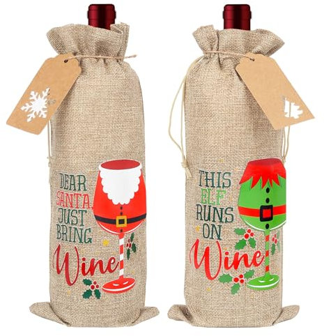 Christmas Burlap Wine Bags,2Pcs XMAS Wine Bottle Gift Bags,Reusable Wine Gift Bags with Drawstrings Tags for Christmas New Year Party Supplies(Natural Burlap)