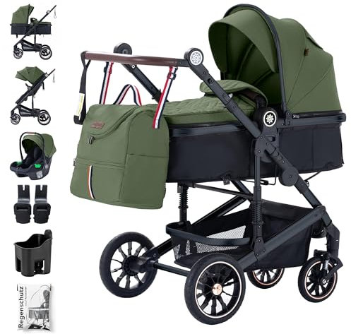 Daliya® NEOMOVE 3in1 Kinderwagen, Buggy & i-Size Babyschale | Alu-Rahmen | Reisekinderwagen & Sportwagen | Großer Einkaufskorb | Stadt & Gelände (Schwarz-Olivgrün)