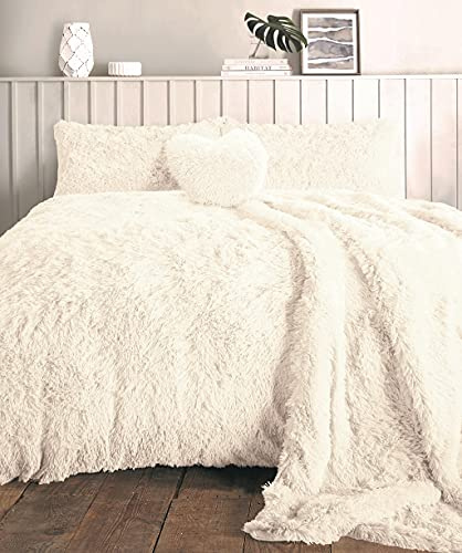 KARKARM Cuddle Plush Long Pile Teddy Fleece Fur Super King Duvet Cover Set – Sherpa Fleece Duvet Cover with 2 Pillow Cases – Soft Cosy Winter Shaggy Fluffy Bedding Quilt Covers Sets, Cream