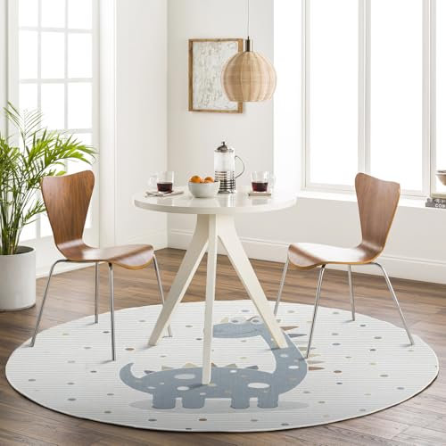 Livabliss Dinosaurier Kinderzimmer Rund 160x160 cm – Weiche & waschbare Spiel- und Krabbelmatte in Creme & Grau, ideal für Kinderzimmer & Babyzimmer