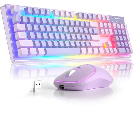 MageGee V550 Wireless Gaming Keyboard and Mouse, 2.4G Full-Sized RGB LED Computer Keyboard with Transparent Shell, Rechargeable Quiet Cordless Mouse & Keyboard Combo for Laptop/PC/Desktop (Purple)