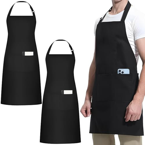 2 PCS Köche Schürze, Verstellbare Küchenschürze mit 3 Taschen, Unisex Schwarze Schürze, Wasserdicht Schmutzabweisend, Personalisierte Schürze für Kochen, Küche, Gartenarbeit, Restaurant, Kaffeehaus
