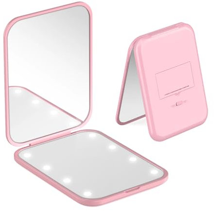 Specchio Portatile con Luce LED per Viaggio, Specchietto da Borsetta con Ingrandimento 1x/3x, Pieghevole Piccolo Specchio per Trucco per Portafoglio, Viaggio e Uso Quotidiano Ideale per a Regalo, Rosa