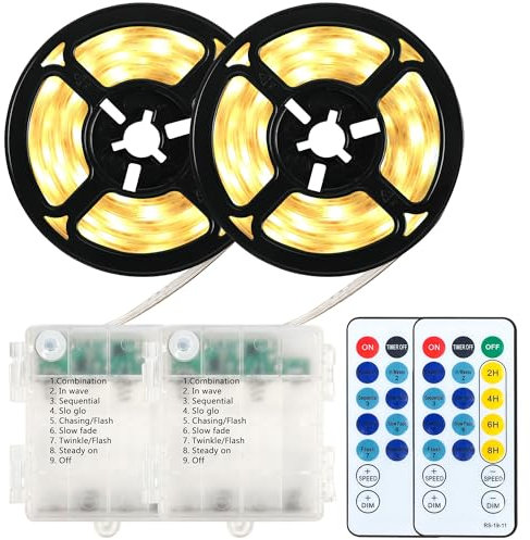 SOAIY 2er-Set LED Streifen Batterie 2M Lichtband Warmweiß Batteriebetrieben 8 Lichtmodi Schrankbeleuchtung LED Band mit Fernbedienung 4 Timer für TV Dekoration Küche Kleiderschrank Bett Schlafzimmer