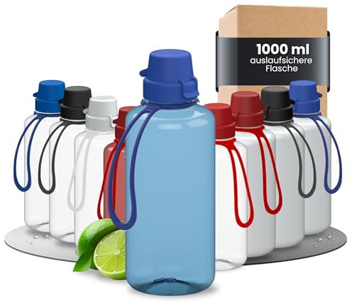 Trinkflasche 1L Kinder 'School' - bruchsichere Tritan Wasserflasche inkl. Strap - BPA-frei, auslaufsicher, spülmaschinenfest - ideal für Kindergarten, Schule und Sport, Farbe:transluzent-blau/blau