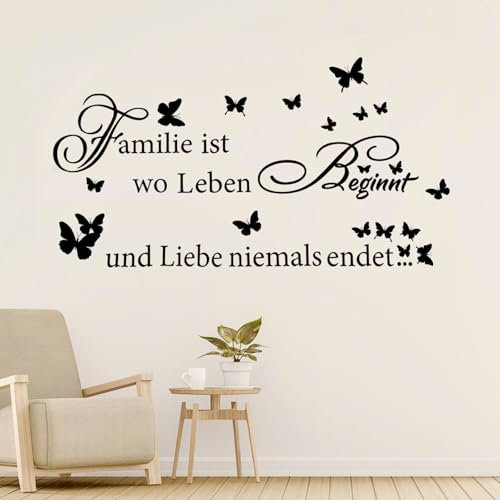 ZMDMAH Wandtattoo Sprüche, Wandsticker Wohnzimmer Modern, Schwarz Schmetterlinge Wandsticker Glücklich Sprüche Familie Wandaufkleber Wandtattoo Küche für Schlafzimmer Wohnzimmer Esszimmer Wanddeko