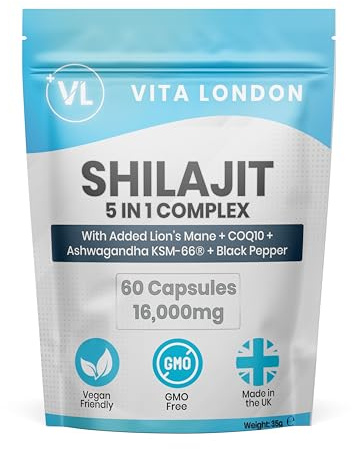 Vita London Pure Himalayan Shilajit 16000mg, 60 Capsules | With lions mane, CoQ10, ashwagandha KSM-66 & black pepper, high strength, vegan, UK made, for men & women