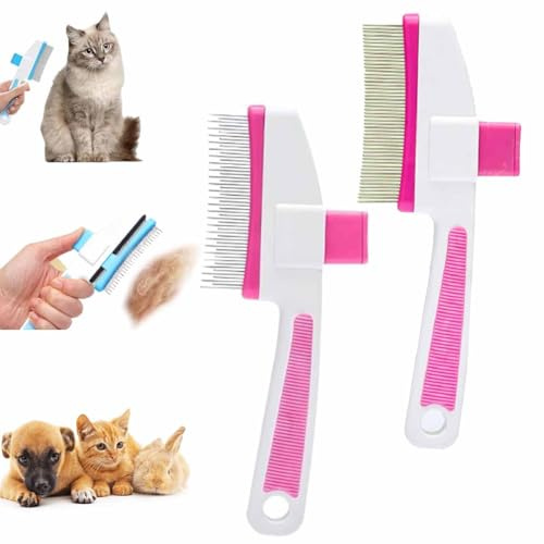 2pcs Pet Hair Removal Comb Flea Comb for Cats Dogs,Cat Brush with Release Button,Cleaning Shedding Pet Hair Remover,Self-Cleaning Fine Tooth Dog comb,pet Grooming Brushes Tool (Pink*2)