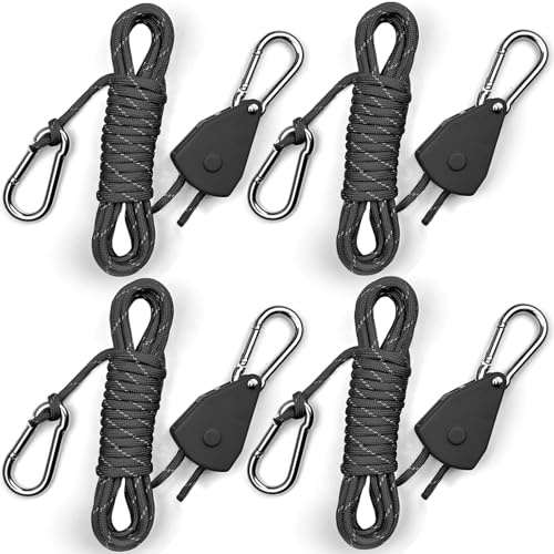 Longer 15ft Paracord Rope Tie Down Ratchet Strap Small Reflective Portable Adjustable Fix Camping Rope Tent Tarp Tie Downs Grow Plant Light Hangers Pulley Tightener Tensioner Adjuster 1/8in 4Pack