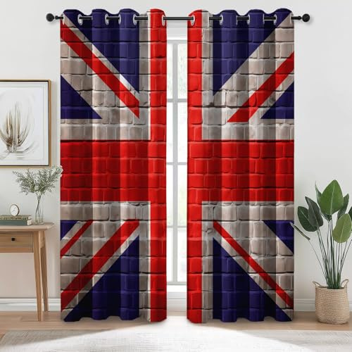 Generisch Blau Rot 100% Blickdicht Vorhang Für Schlafzimmer, Minimalistisch Union Jack Ziegelmauer Bedruckt Thermisch Verdunklungsgardinen mit Ösen - H 225 x B 140 cm (2er Pack) Kälteschutz Vorhänge