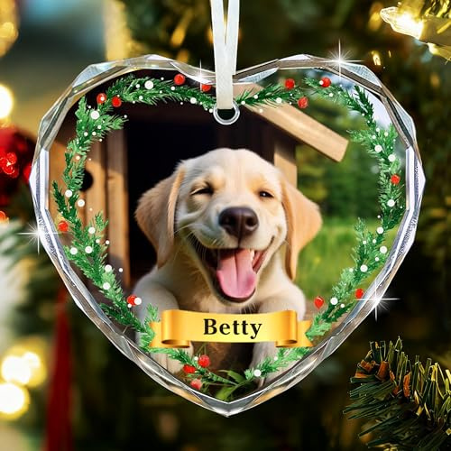 Personalised Dog Christmas Bauble, Pet Xmas Baubles with Photo, Custom Dog Ornaments for Christmas Tree Decorations, Acrylic Dogs Cat Memorial Xmas Bauble Gifts (Heart)