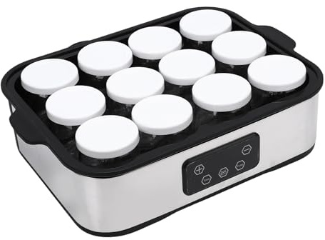 Oreilet Yaourtière avec 12 Pots Verre, Machine Yaourt avec Minuterie 48 Heures & Contrôle Automatique Température avec 12Pots Verre Réutilisables 180Ml pour Dessert Grec Fait Maison (Prise UE)
