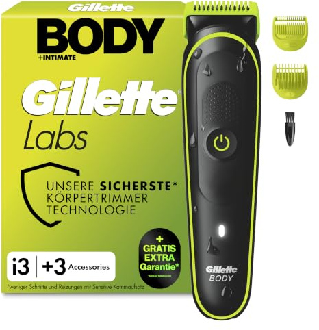 Gillette Labs i3 Body + Intimate Trimmer Herren, Schwarz/Grün | Intimrasierer Mann für Körper, Intimbereich mit SkinFirst-Technologie, Wasserdichte, Inkl. 3 Zubehörteile