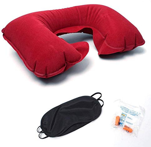 DUBENS Aufblasbare Nackenkissen ideal für Reisen Büro und Zuhause Nackenhörnchen Aufblasbar weich Nackenstützenkissen mit GRATIS Schlafmaske Augenmaske, und Ohrenstöpsel (Rot)