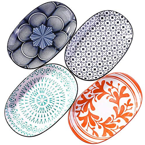 Family Dinner Plates set of 4, Japanese Glazed Ceramic Plate Family Dinner Plate, 9.4 Inch Oval Plate Fish Plates