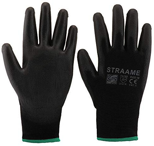 Straame Pack of 12 or 24 Black Safety Work Gloves, Outdoors PU and Nylon Non-Slip Work Handling Gloves, Good Dexterity Firm Grip Protective Working Gloves Size (Pack of 12 Pair's, XL)