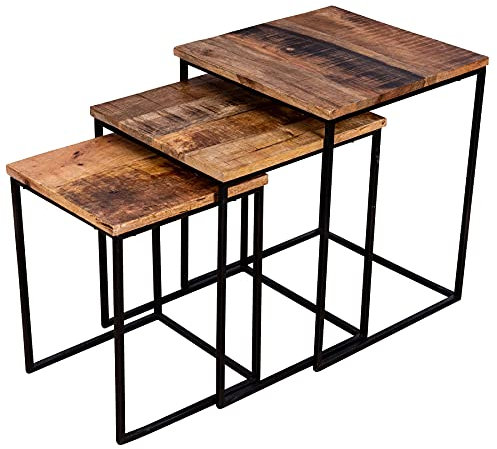 levandeo 3er Set Beistelltisch Mango Natur Eisen Schwarz Design Holz Couchtisch Industrial Deko Tisch