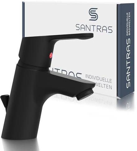 SANTRAS® Waschtischarmatur Bad in Matt-Schwarz mit Zugstange – Einhebelmischer/Einhand-Mischarmatur warm/kalt für 1-Loch Waschbecken – Badezimmer Wasserhahn ohne Ablaufgarnitur