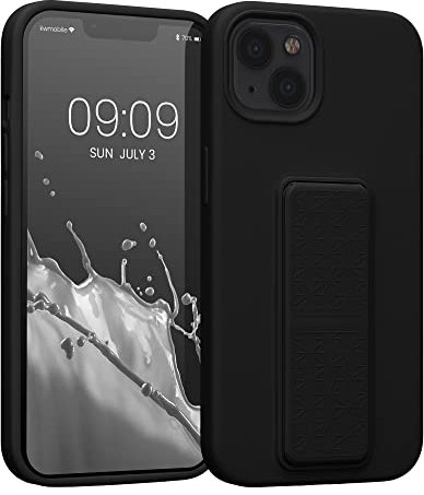 kwmobile Case Compatible with Apple iPhone 13 - Case with Hand Strap and Stand Soft TPU Silicone Coating - Black