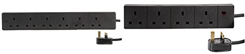 PRO ELEC pl11242 13 A 1 m 6 Way Gang Power Mains Extension Lead Cable - Black & PELB1809 4 Gang Extension Lead Black, 0.5m