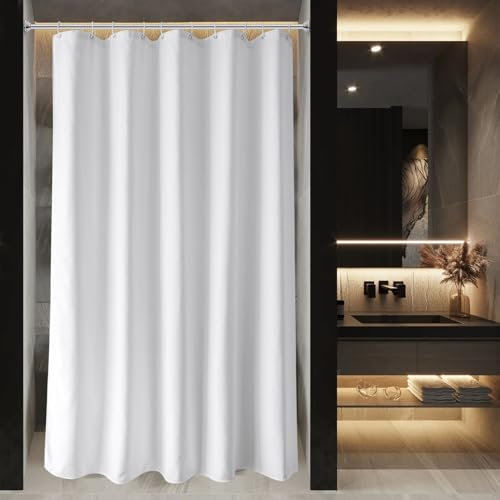 EurCross Kurz Weiß Duschvorhang mit Waffel Muster, Anti-Schimmel Wasserdicht Bad Vorhang für Badezimmer, Textil Stoff Waschbar Schmal Duschvorhänge 150x180 mit 10 Ringe