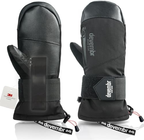 devembr Ski-Fäustlinge mit Handgelenkschützern, Warme Snowboard-Fäustlinge, Wasserdicht, Schwarz, L