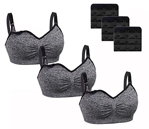 Dreamburn Maternity Nursing Bra 1/2/3 Pack Wireless Seamless Breastfeeding Bras 4 Rows Adjust Hook with Removable Spill Prevention Pads Add Extenders Comfortable (BLack-3Pcs,S)