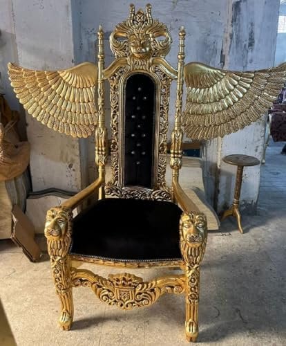 Casa Padrino Barock Thron Sessel mit Flügel und Glitzersteinen Schwarz/Gold - Handgefertigter Königssessel