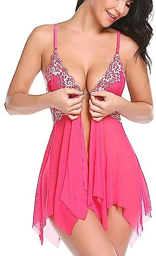 HOTSO Women Lace Lingerie Set Babydoll Chemise Open Front Nightwear Strap Night Dress V Neck Teddy Nighties Nightdress Negligee Underwear Plus Size Sleepwear with Thong G-String (Rose, XXL-3XL)