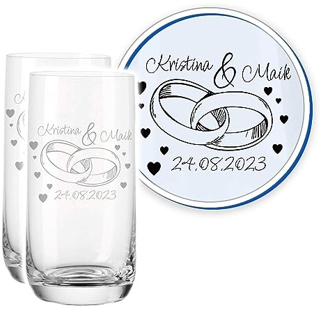 LALALO Leonardo Hochzeit Trinkglas Geschenk-Set (2 St.) graviert, Trinkgläser mit Gravur personalisiert als Hochzeitsgeschenk, Wasserglas/Longdrink-Glas zum Hochzeitstag (Ringromance)