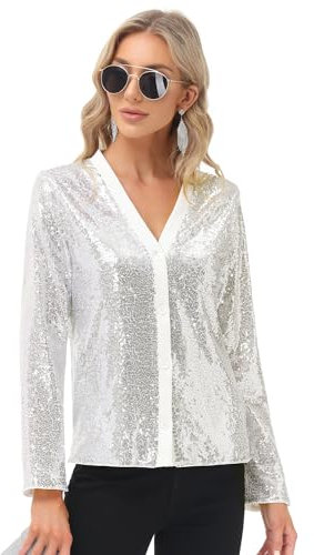KANCY KOLE Damen V-Ausschnitt Langarm Pailletten Strickjacke Party Strickjacke Elegantes Top Urlaub Silber M KC0261A22-02