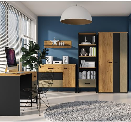 Lomadox Jugendzimmer Set 5-teilig mit Schreibtisch, Kleiderschrank, Regal, Sideboard, Wandboard in Eiche schwarz Sandfarben modern