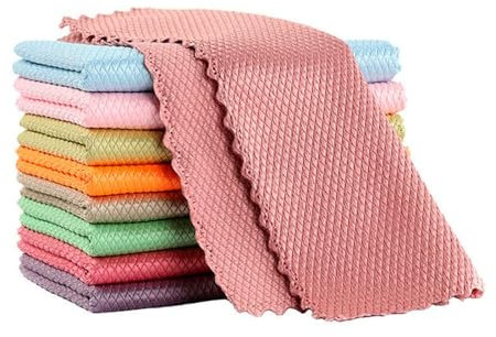 Lot de 10 Chiffons de Nettoyage et Polissage en Microfibre Non Pelucheux à Motif écailles, Nettoyage Facile sans Trace, Haute Absorption pour la Cuisine et la Maison (Couleur aléatoire) (25*25cm)