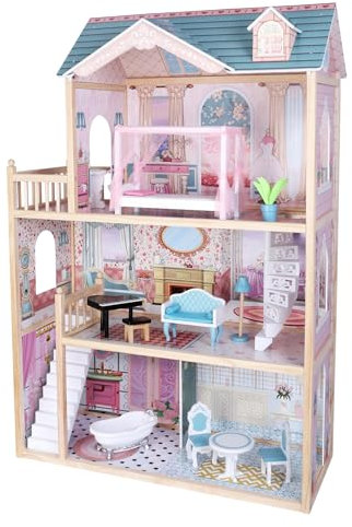 TikTakToo Puppenhaus Puppenstube Traum Villa Set aus Holz, komplett eingerichtet, mit Balkon Terrasse, 12-TLG. aus MDF-Holz, für Puppen bis 29 cm geeignet