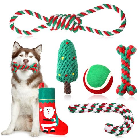 Xuniea 6 Stück Weihnachten Hunde Kauspielzeug Seil Hundespielzeug Haustier Training Spielzeug Knoten in Form Zuckerstange Knochen Baum Sortierte Stile für Kleine Mittlere Große Hunde Welpen (Süß)