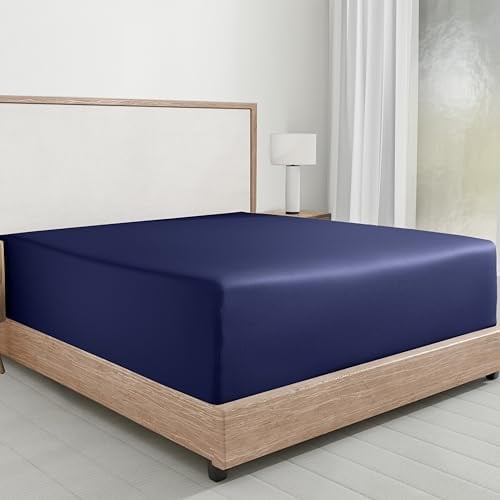 California Design Den 100% Cotton Mattress Fitted Sheet Only, 1 Pc Twin XL Cotton Fitted Sheet, No Pop-Off Elastic, Durable Sateen Weave (Navy Blue)