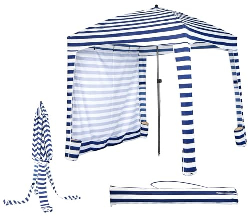 GOPLUS Sonnenzelt Strand, 183x183x240cm Strandzelt höhenverstellbar mit Abnehmbarer Seitenwand, 8 Sandsäcken & Tragetasche, Sonnenschutz für Camping Picknick Angeln (Blau+Weiß)
