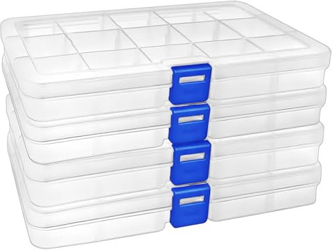 DARUITE 15 Grids Craft Storage Boxes with Compartments, Plastic Bead Storage Box,Storage Organiser with Lid for Beads Earring Fishing Hook Small Accessories(4 PCS)