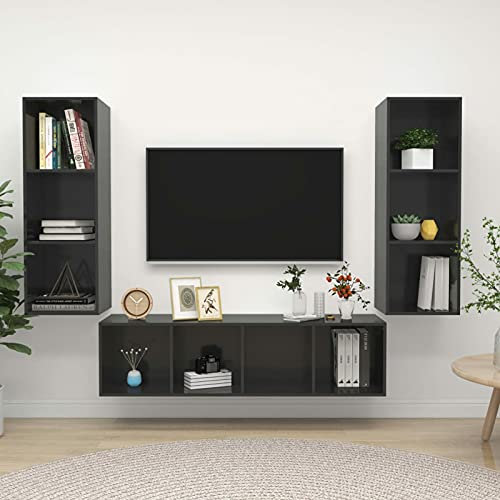 LAPOOH Ensemble de Meuble TV 3 pcs Gris Brillant Aggloméré,Meuble TV,Table Basse Salon Meuble TV,Table Basse LED Couleurs